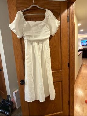 Petal & Pup White Square Neck Midi Dress with Puff Sleeves